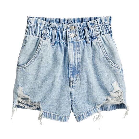 SO Paper Bag Elastic Waist High Rise Mom Light Blue Denim Shorts Juniors' 1/25W - Picture 1 of 12